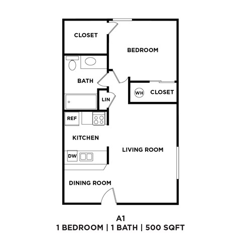 A drawing of a floor plan for a 500 square foot, one bedroom apartment.
